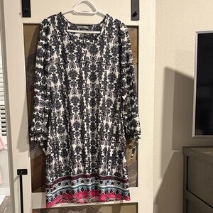 Loveappella Black and White Floral Dress with Pink Accents